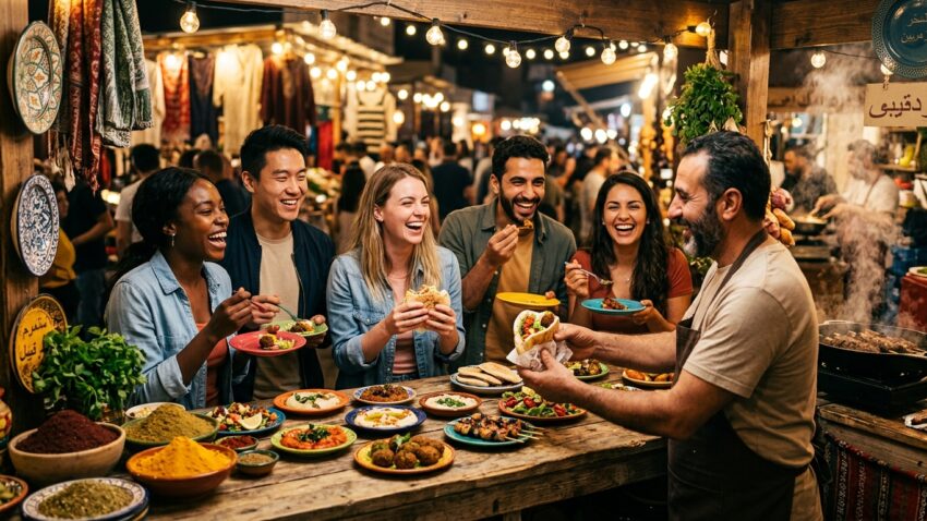 קבוצת חברים מגוונת צוחקת ונהנית מאוכל רחוב מזרח תיכוני בדוכן שוק לילה תוסס, בזמן שמוכר חייכן מגיש להם מנת פלאפל בפיתה מעל דלפק עמוס בתבלינים ומטבלים.